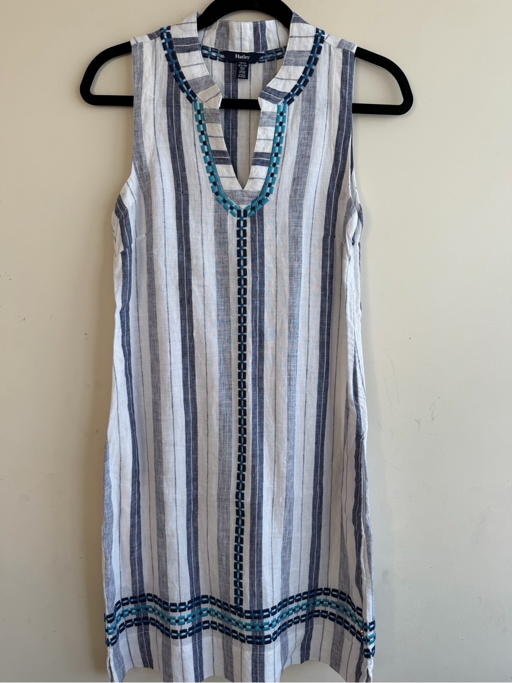 Hatley White and Navy Striped Sleeveless Dress with Teal Embroidery
